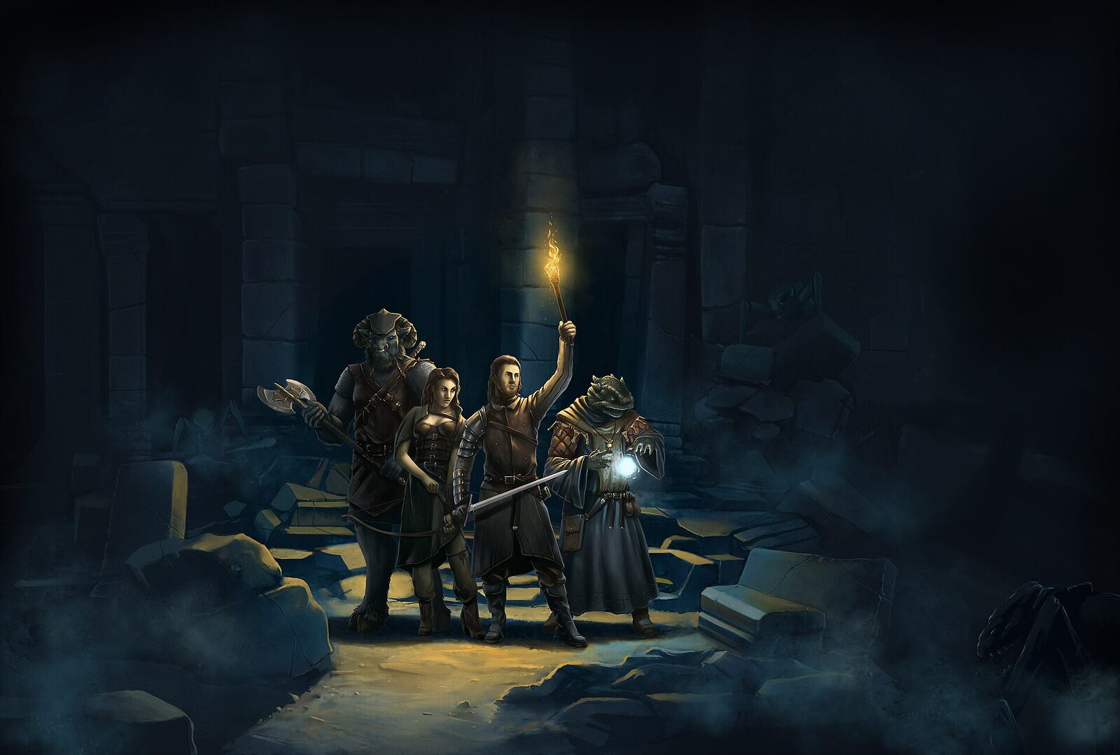 Fantasy adventurers exploring a dark dungeon in Mirefall